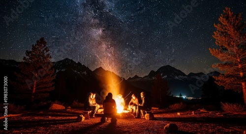 Group Camping Under Starry Night Sky.