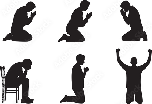 Group of praying people silhouettes in various poses representing spiritual devotion and inner peace and faith