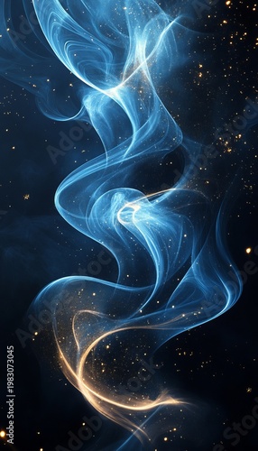 Beautiful Abstract Design with Flowing Blue Lines and Golden Particles on a Dark Background