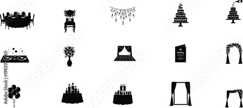 Black silhouette icons of various architectural structures isolated on transparent background