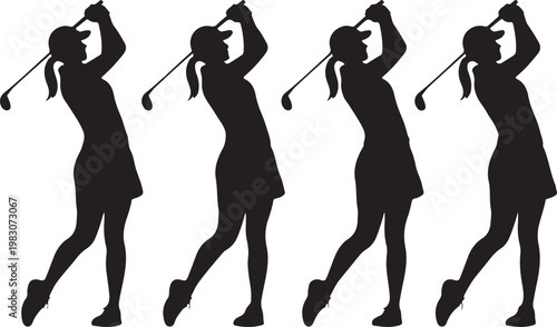 Series of female golfer silhouettes performing a professional golf swing motion in a repeating pattern style