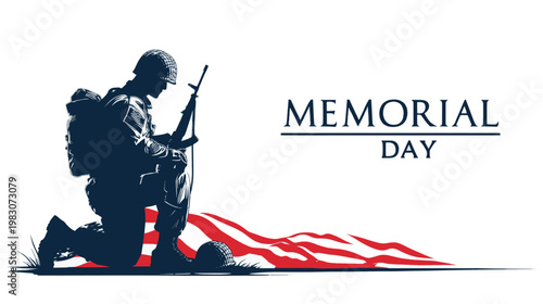 Solemn Memorial Day illustration of kneeling soldier with American flag, respectful tribute design for remembrance posters, patriotic campaigns, and military honor backgrounds