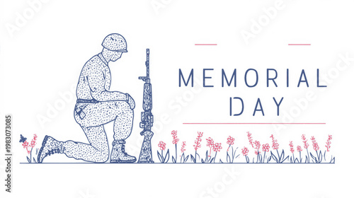 Solemn Memorial Day illustration of kneeling soldier with American flag, respectful tribute design for remembrance posters, patriotic campaigns, and military honor backgrounds