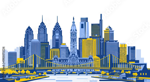 Philadelphia Skyline Illustration with City Hall and Bridges, Blue and Yellow Palette