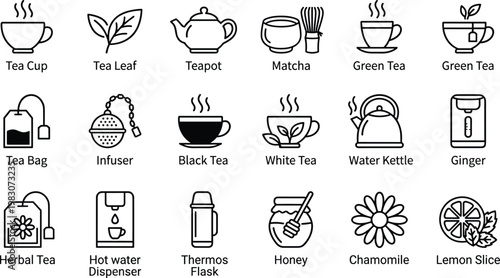 Flat design vector illustration of tea and tea-related items collection with icons