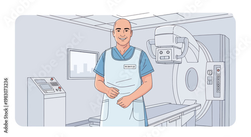 Radiologist in Medical Equipment Room with X-ray Machine and Control Panel