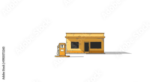Small Gas Station Building with Vintage Fuel Pump Isolated on White Background