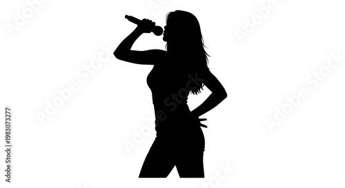 Silhouette of a woman singing into a microphone, performer on stage, dynamic pose