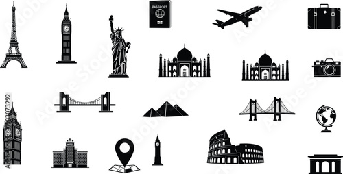 World landmarks silhouette collection isolated on transparent background