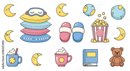 Cozy Sleepover Elements: Moon, Pillow Stack, Slippers, Hot Chocolate, Popcorn, Book, Teddy Bear