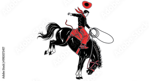 Cowboy Riding Bucking Horse with Lasso, Western Rodeo Action