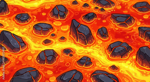 Molten lava background with dark volcanic rocks, glowing orange magma river texture, cartoon style hot fire liquid vector illustration
