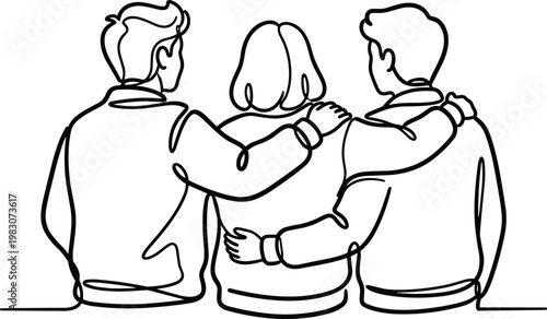 Three people embracing warmly in a supportive group hug, minimalist vector illustration