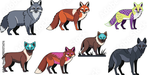 Photography Colorful Fox Vector Set Featuring Various Species with Unique Fur Patterns and B