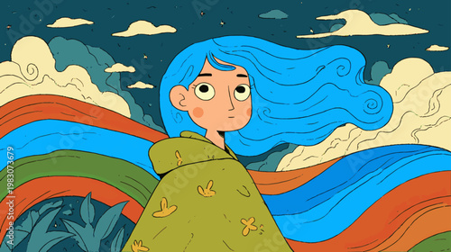 Playful cartoon girl wrapped in flowing rainbow colors, expressive LGBTQ pride illustration for youth campaigns, storytelling visuals, and inclusive brand communication