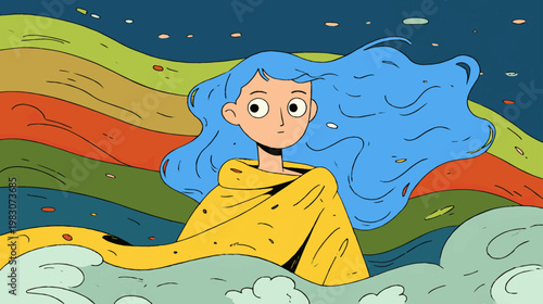 Playful cartoon girl wrapped in flowing rainbow colors, expressive LGBTQ pride illustration for youth campaigns, storytelling visuals, and inclusive brand communication