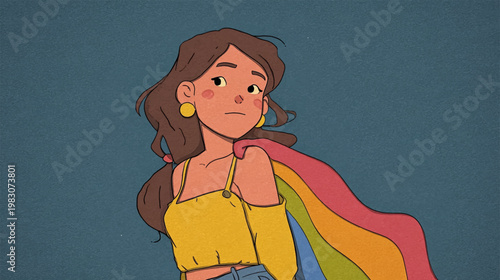 Young woman holding rainbow pride flag in soft minimal portrait style, emotional LGBTQ identity illustration for inclusive campaigns, branding, and modern visual storytelling