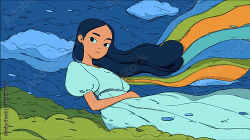 Young woman holding rainbow pride flag in soft minimal portrait style, emotional LGBTQ identity illustration for inclusive campaigns, branding, and modern visual storytelling