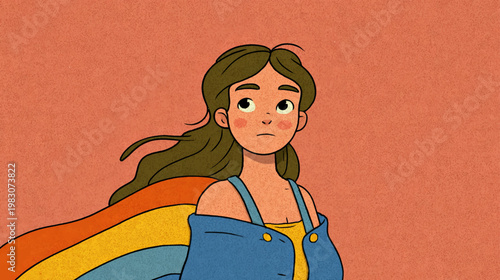 Young woman holding rainbow pride flag in soft minimal portrait style, emotional LGBTQ identity illustration for inclusive campaigns, branding, and modern visual storytelling