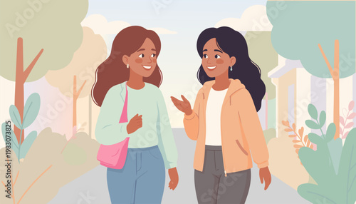 Two Young Women Walking and Laughing Together Having a Friendly Conversation Outdoors