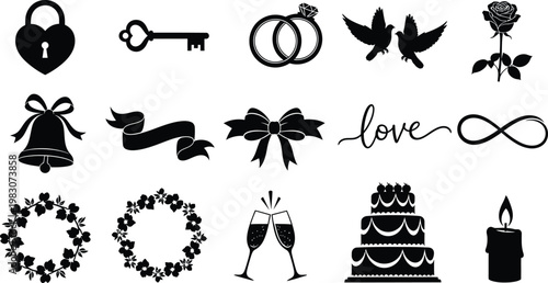 Love and romance silhouette icons isolated on transparent background
