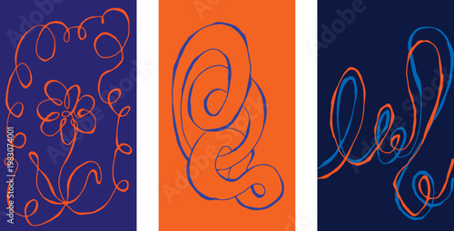 Vibrant orange and blue abstract summer posters. Designs include wavy multicolored lines, playful naive doodles, modern concept with bold grunge styling