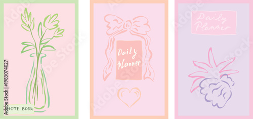 Minimalist vector set of notebook illustrations in soft colors: cover designs with wavy lines, plant, bow, heart, and seashell. Features bold grunge curved lines