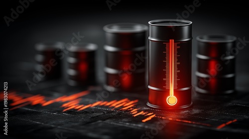 Oil barrel with rising thermometer and price chart showing crude oil surge energy crisis and market volatility concept