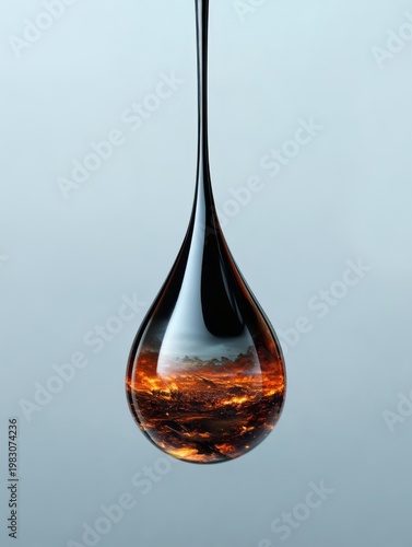 Crude oil drop with burning landscape reflection showing oil price surge energy crisis war impact and global market instability concept