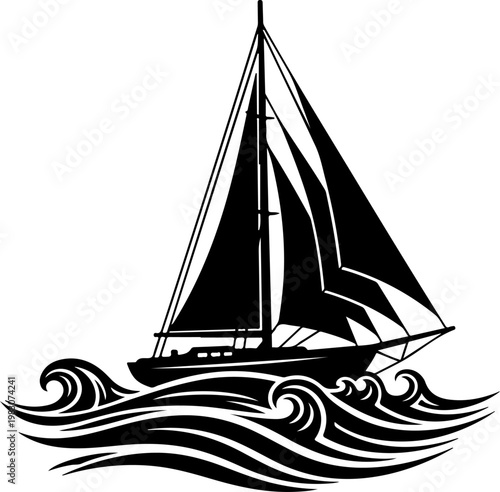 Summer sailboat black silhouette vector illustration