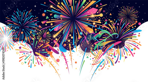 Vibrant Colorful Fireworks Explode Night Sky.