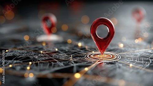 Red location pin on digital map with network connection showing navigation tracking technology and global positioning system concept