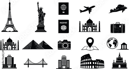Travel landmarks silhouette icons isolated on transparent background