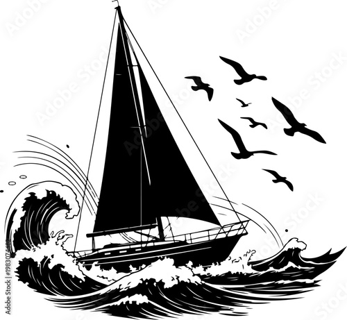 Summer sailboat black silhouette vector illustration