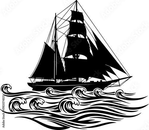 Summer sailboat black silhouette vector illustration