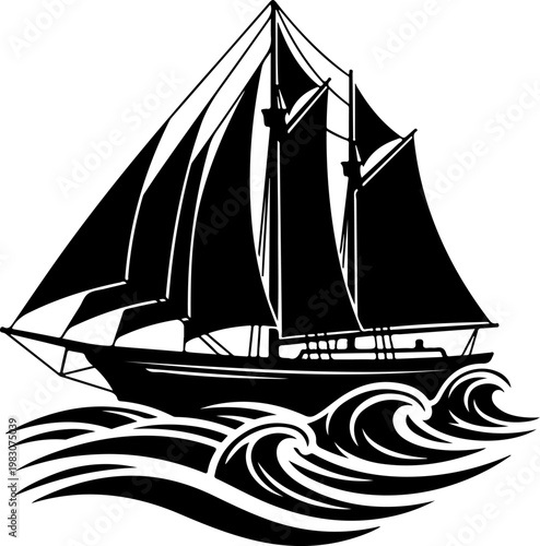 Summer sailboat black silhouette vector illustration