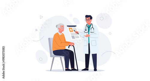 Doctor Consults Elderly Patient with Cane, Discussing Medical Chart