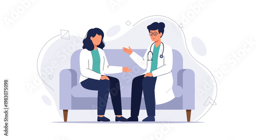 Doctor consulting patient on couch, discussing health, medical consultation, flat illustration