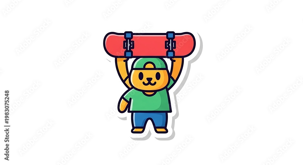 Fototapeta premium Cartoon Skateboarder: An illustrated character, a cheerful bear cub, stands with a skateboard held above its head, personifying playful youth and an active, fun-loving lifestyle.