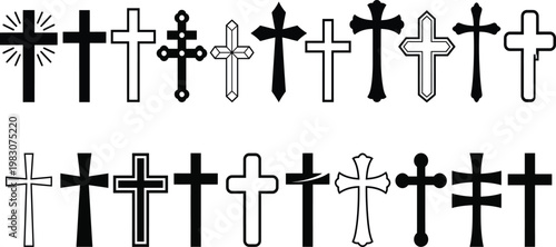 Christian cross icon set. Religion and faith symbols with Latin cross silhouettes. Vector illustration of cross icons for church, worship, spirituality and religious design