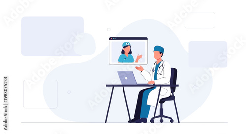 Doctor consulting patient online via video call on laptop, telemedicine concept