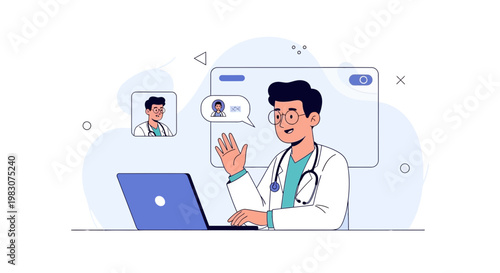 Doctor consulting patient online via video call on laptop, telemedicine concept