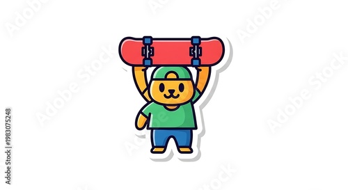 Cartoon Skateboarder: An illustrated character, a cheerful bear cub, stands with a skateboard held above its head, personifying playful youth and an active, fun-loving lifestyle.