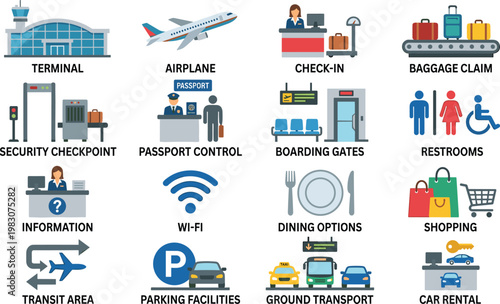 Airport services and facilities flat design vector illustration