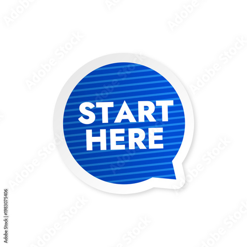 Blue vector banner with text start here sticker flat style
