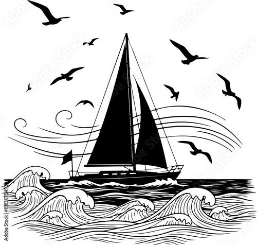 Summer sailboat black silhouette vector illustration