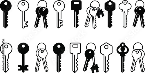 Key icon set. Vintage and modern house keys with access and security symbols. Vector illustration of lock, password and real estate key icons in outline and solid style