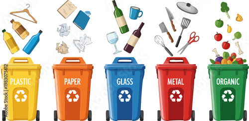 Waste sorting recycling bins set with 5 colorful containers, plastic paper glass metal and organic waste management, eco friendly garbage disposal vector