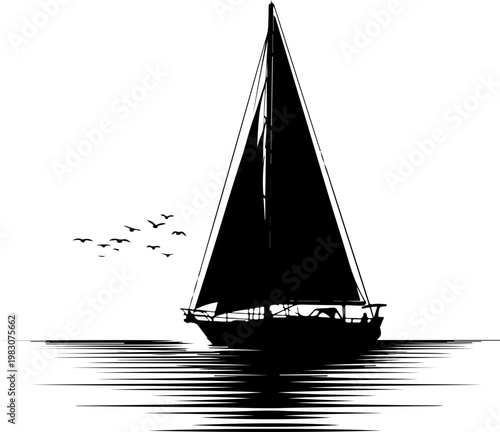 Summer sailboat black silhouette vector illustration