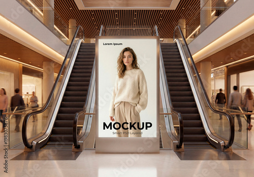 Mall escalator lightbox poster mockup with modern interior